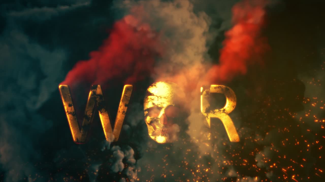 어두운 연기 배경에서 불타는 두개골과 함께 텍스트 전쟁 - 루프 비디오