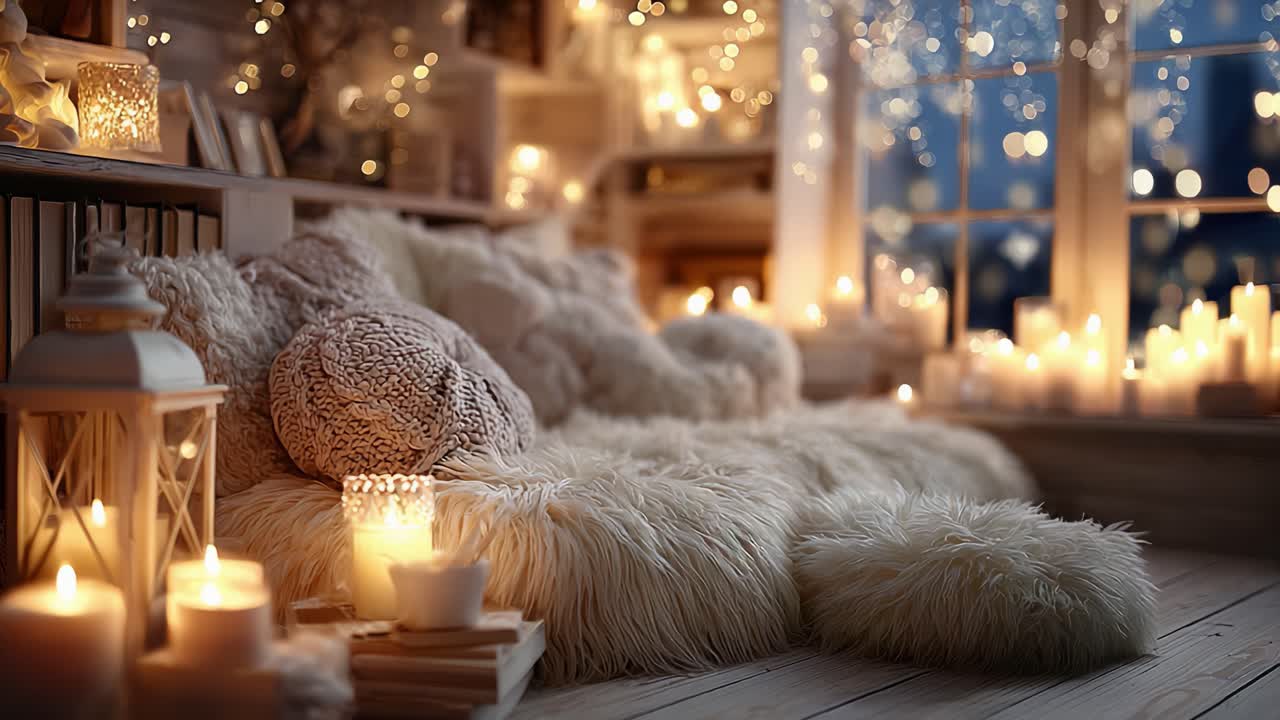 Accogliente, caldo e invitante: una stanza splendidamente illuminata con tessuti morbidi, luce tremolante di candele e un'atmosfera serena perfetta per il relax e la riflessione