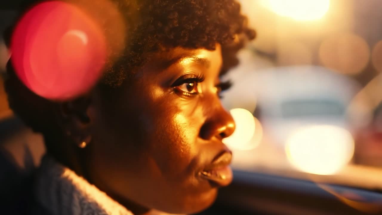 una mujer sentada en un auto por la noche