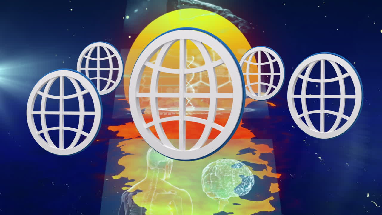 Animation of globe symbols floating over digital landscape with vibrant colors