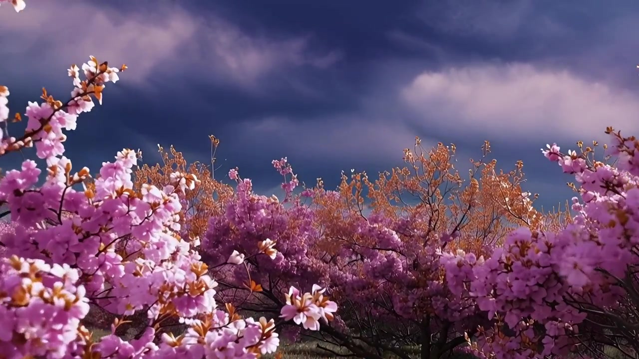 Ethereal Pink Blossoms and Golden Leaves Under a Blue Sky