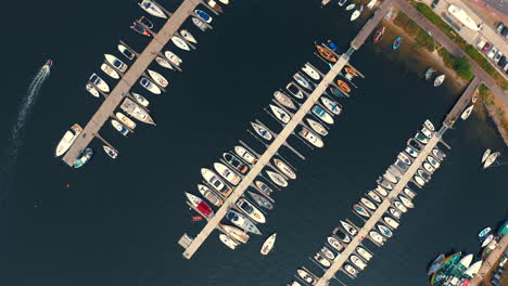 drone flying above yachts moored in the marina in jastarnia, poland