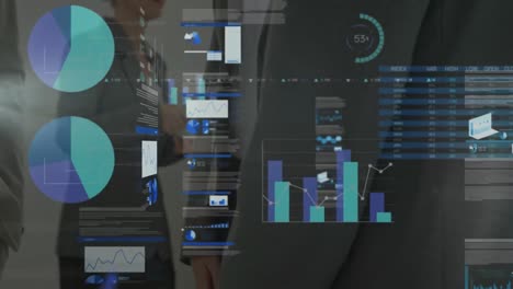 animation of statistics and data processing over businessman handshake