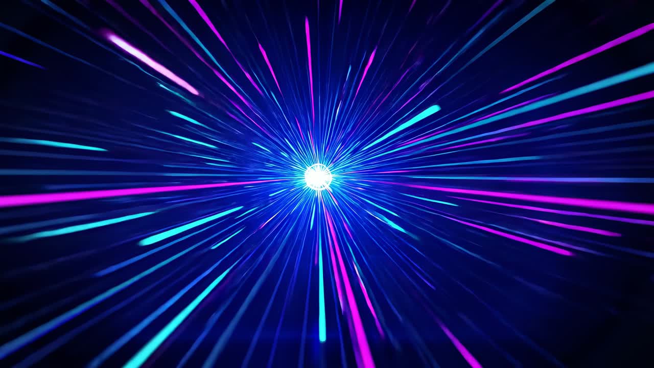Upon orb emergence, multiplying neon beams radiating outward in void, creating warp-speed effect