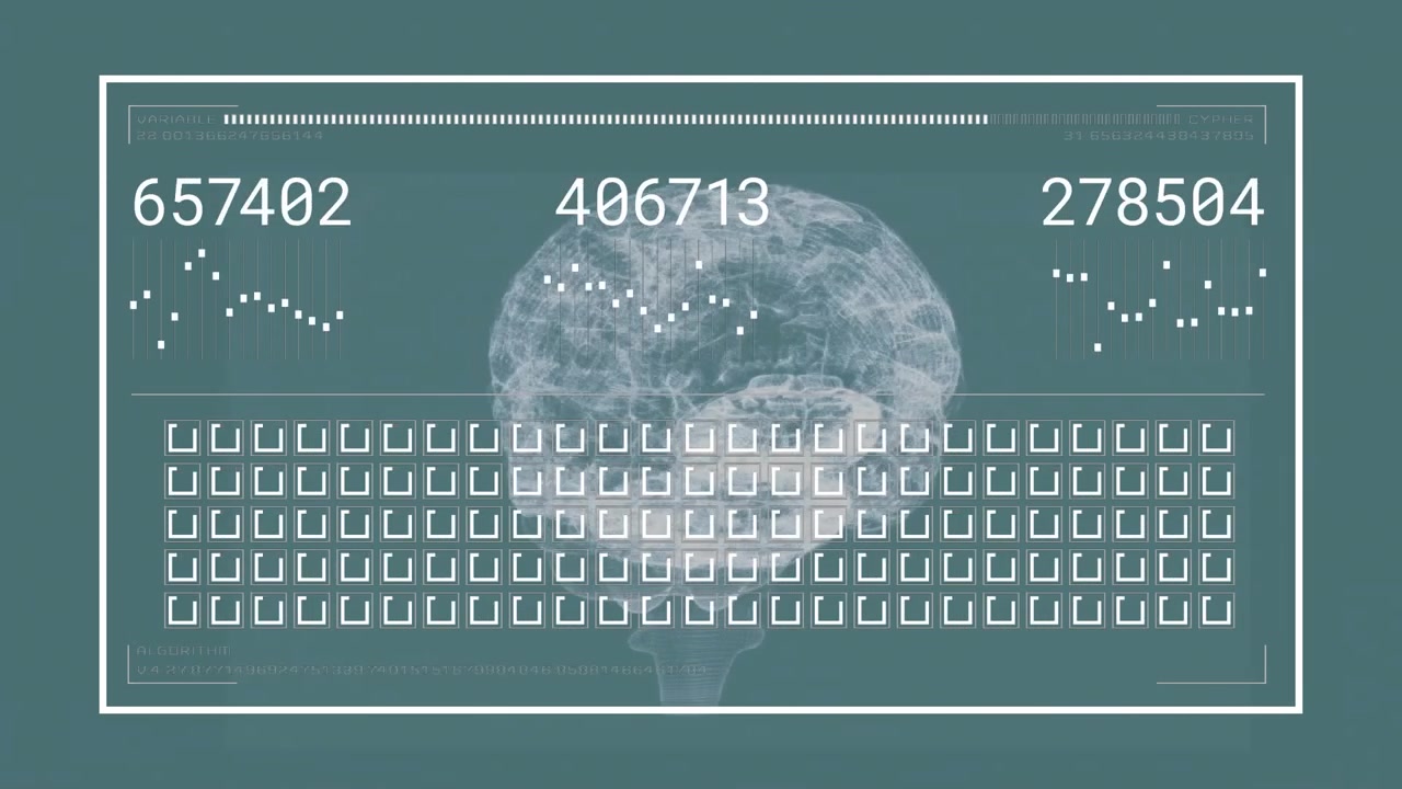 Noise starting 3D-brain appearing in GUI frame, analyzing metrics, bar filling, brain fading