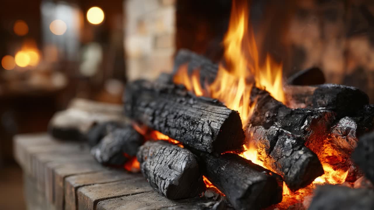 Warm Glow of a Crackling Fire in a Cozy Hearth Setting, Evoking a Sense of Comfort and Tranquility with Flickering Flames and Charred Wood