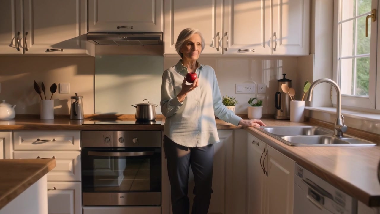 Donna anziana che si sposta, tenendo una mela rossa, appoggiata al bancone in cucina, pensierosa.