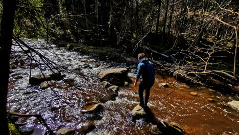 a man leaps across a rocky stream in a sunlit forest, capturing a moment of adventure in nature in riga, latvia - high angle shot