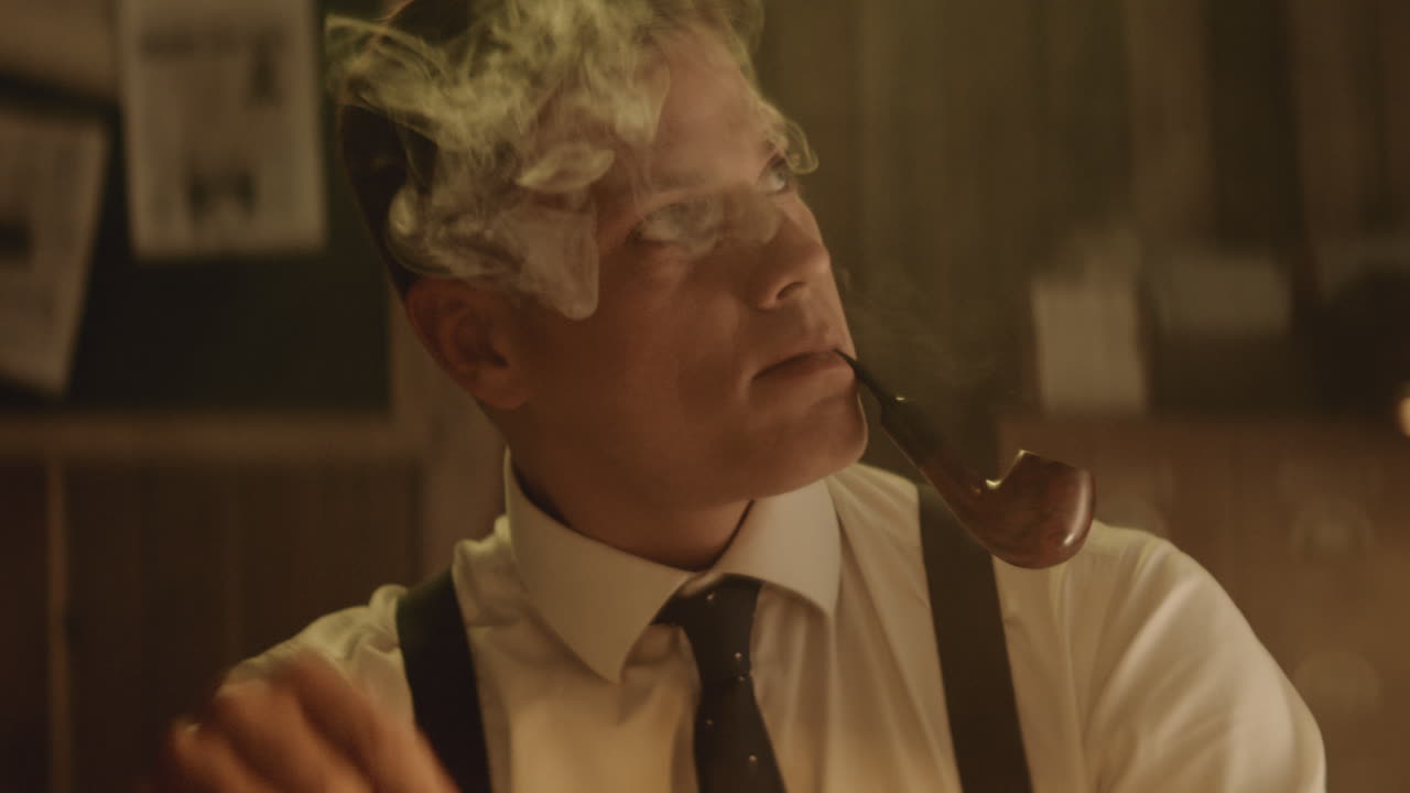 검사 가 희미 한 빛 을 가진 방 에서 열 를 조사 하고 있다