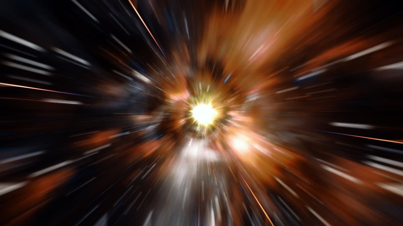 salto de bucle abstracto en el centro estrella estallido en el túnel del hiperespacio vuelo de viaje espacial en la luz amarilla brillante túnel de agujero de gusano en la galaxia salto hiperespacial entre estrellas coloridas vuelo espacial a través del espacio-tiempo