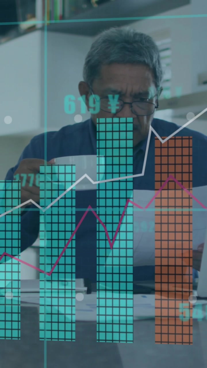 Animation of financial data processing over senior man using laptop