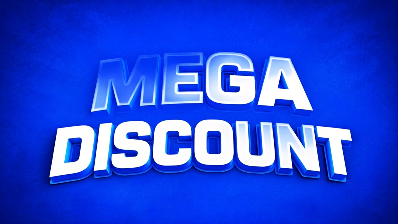 Mega Sconto Moderno, titolo tridimensionale bianco presentato su sfondo blu elettrico