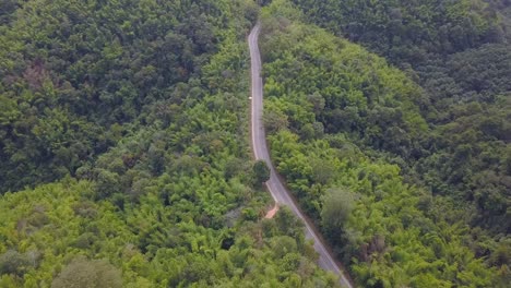 Drone-flight-forward-over-highway-through-green