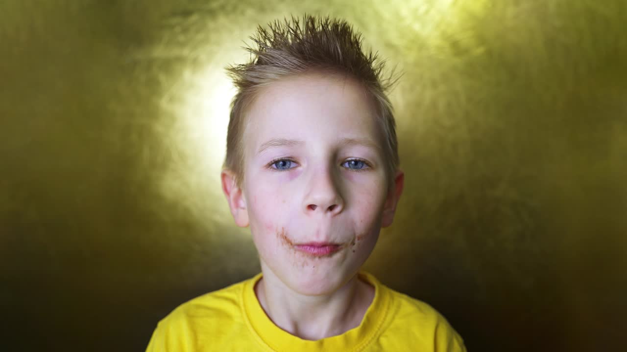 el rubio disfruta de los dulces, el niño feliz come una rosquilla de azúcar, el niño come comida chatarra.