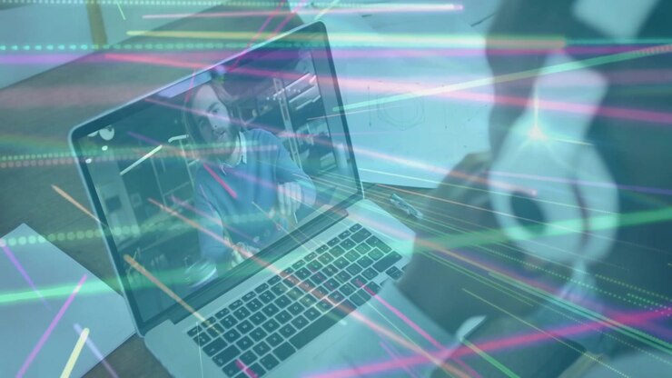 Remote speaker pointing charts for business teamwork while neon streaks shifting across PC screen