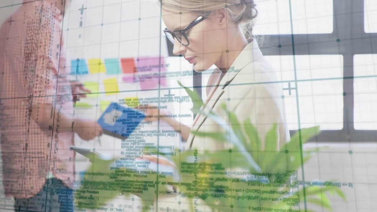 Analyzing data with digital code overlay, businesswoman working in modern office