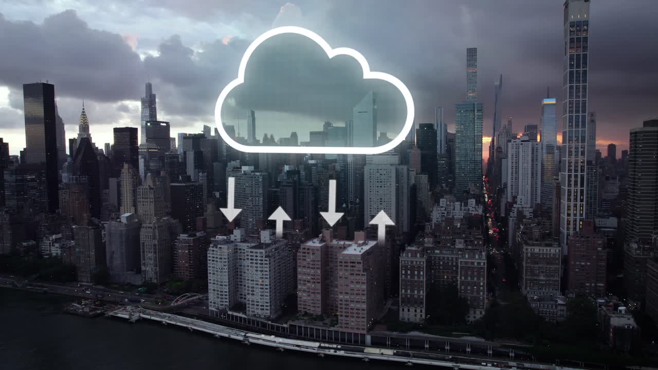 concepto de computación en la nube en el dramático atardecer de la ciudad de nueva york fondo - superposición vfx