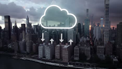 Cloud-Computing-Konzept-Auf-Dramatischem-Sonnenuntergang-In-New-York-City-Hintergrund-–-VFX-Overlay