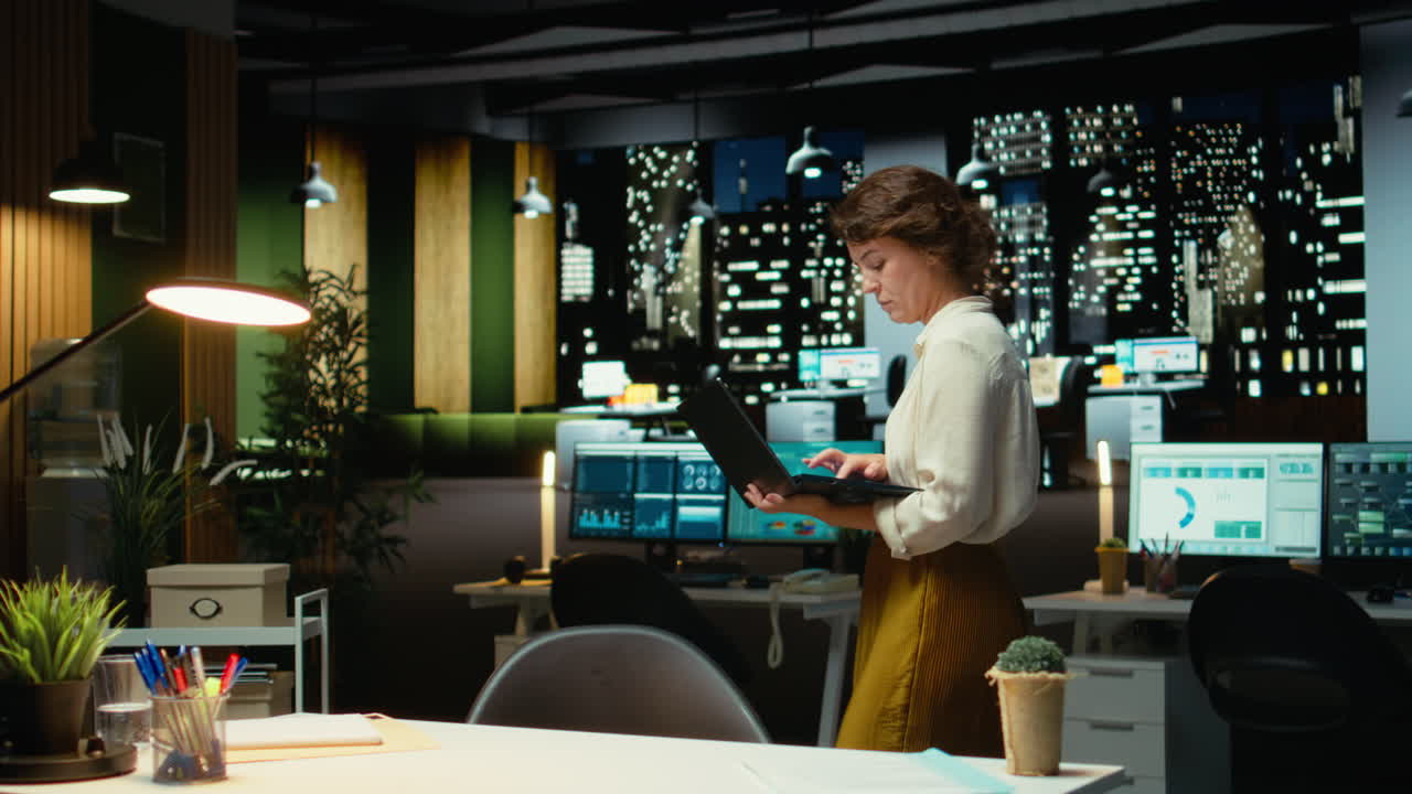 Vertical Video Businesswoman at night reading finance data and proofreading reports