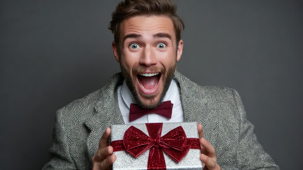 Excited Young Man in a Stylish Suit With a Silver Gift Box Tied with a Red Bow, Displaying Happiness and Joy, Perfect for Celebrations and Special Occasions