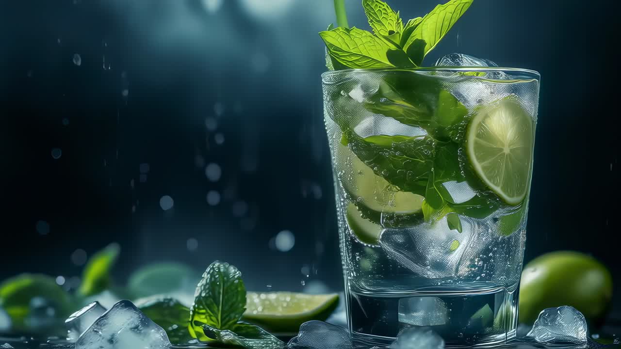 Refreshing lime and mint cocktail resting in transparent glass, featuring crisp mint leaves, glistening water droplets, and pristine ice cubes against sleek black background