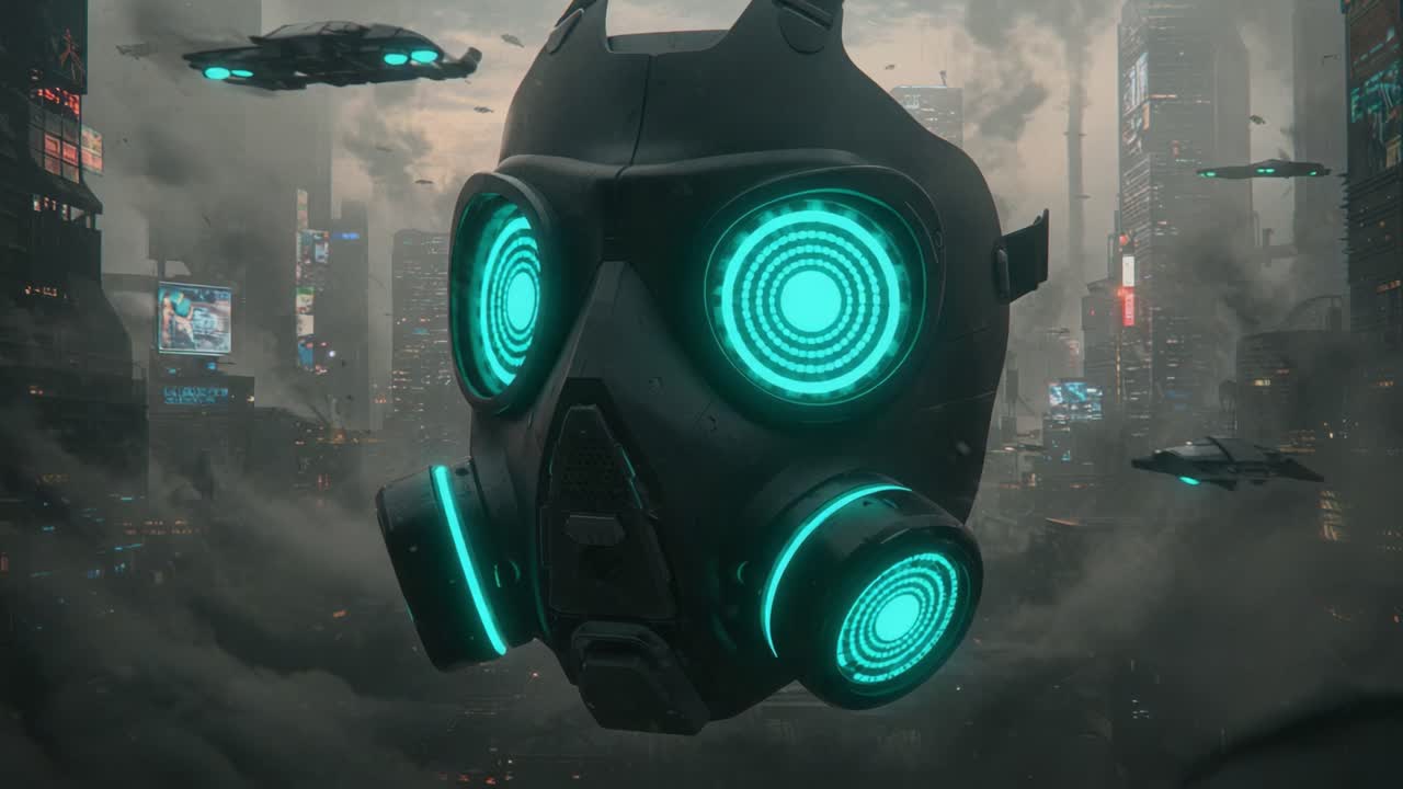 Una maschera antigas futuristica circondata da drone sospesi in un paesaggio urbano cyberpunk, che combina elementi tecnologici e atmosfera urbana