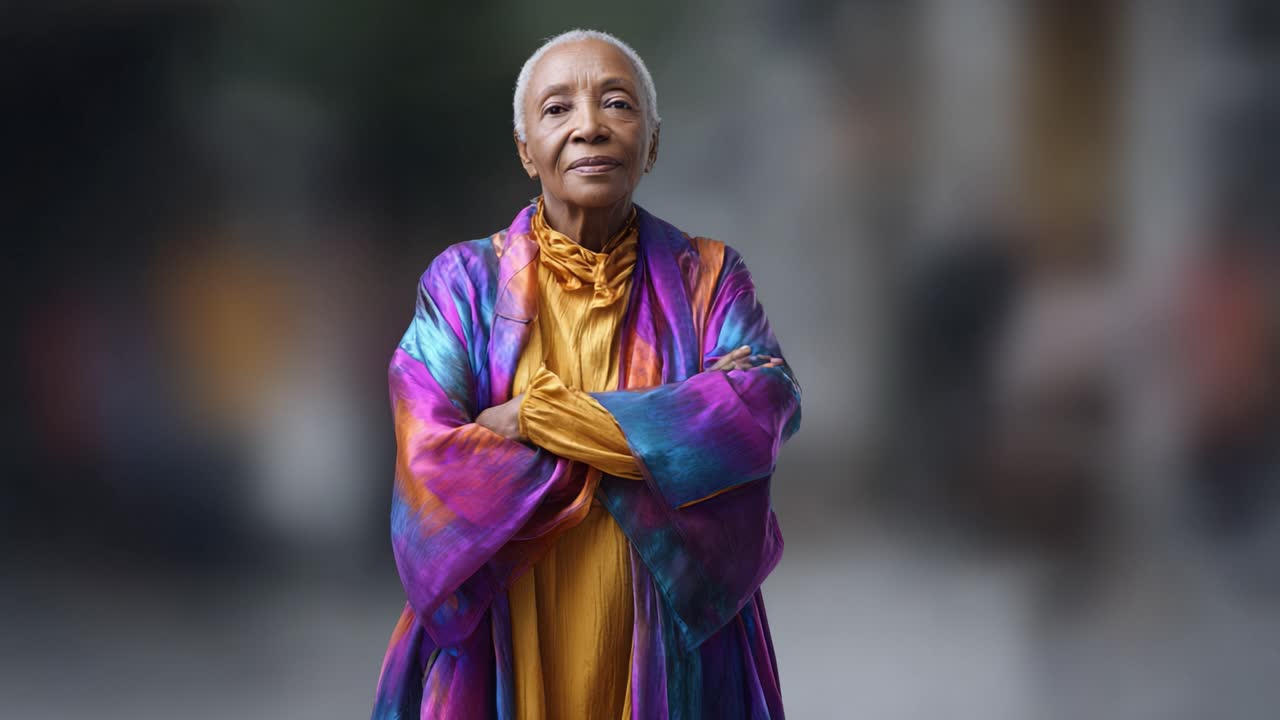 Una donna anziana dignitosa si erge con sicurezza, indossando un abito vivace e colorato, irradiando saggezza e forza su uno sfondo urbano delicatamente sfocato.