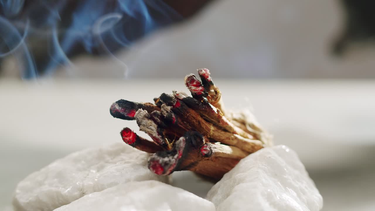Person holding Palo Santo wood stick in hand, aromatic Palo Santo burning on black background, smoke spreading around, slow motion video clip, high quality 4k close up footage. High quality 4k footage