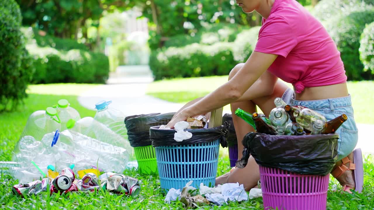 mujer reciclando en un parque
