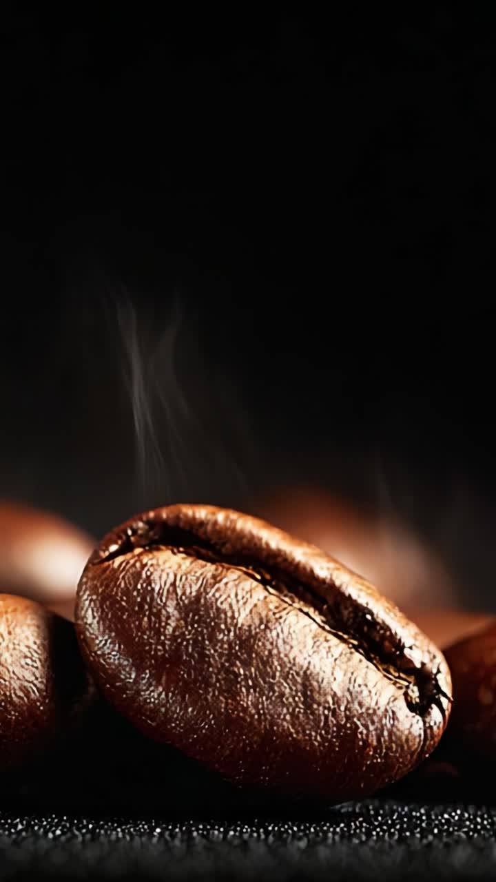 Nærbillede af friskristede kaffebønner med stigende aroma på en mørk baggrund, der fanger essensen af kvalitetskaffe og dens rige smagsoplevelse.