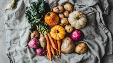 assortment of fresh vegetables on rustic fabric background