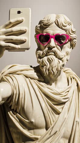classical statue taking a selfie with heart-shaped sunglasses