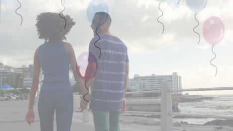 walking on seaside promenade, couple holding colorful balloons in animation scene
