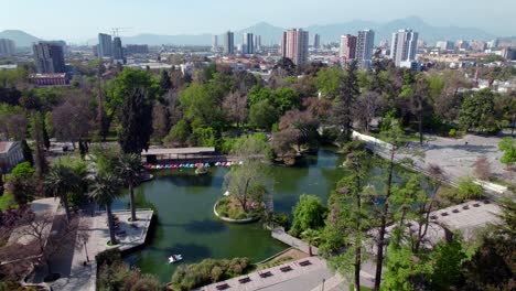 vista aerea de la laguna del parque quinta normal, un lugar de recreacion para la gente de santiago, arquitectura de santiago al fondo, chile