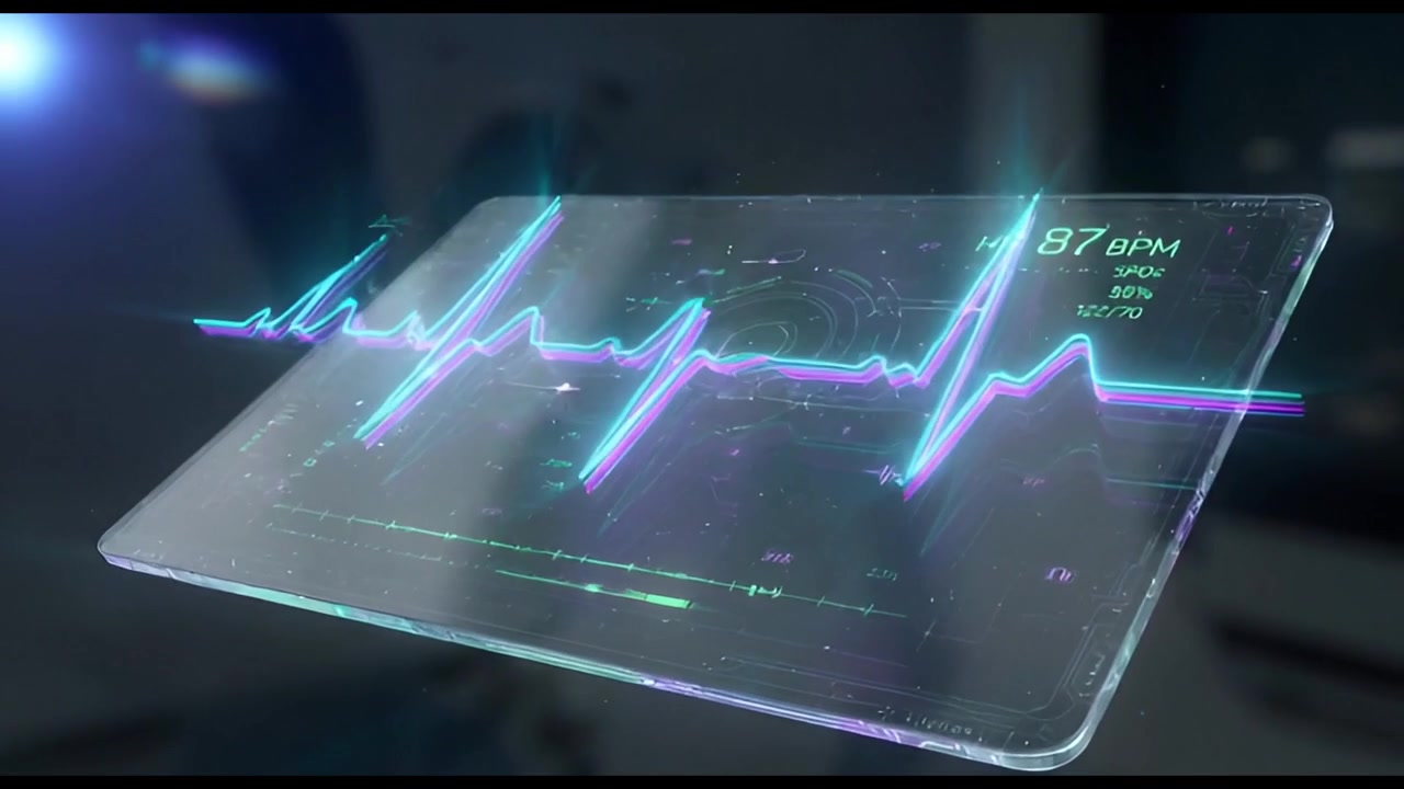 Onda ECG futuristica e segni vitali su schermo digitale trasparente.