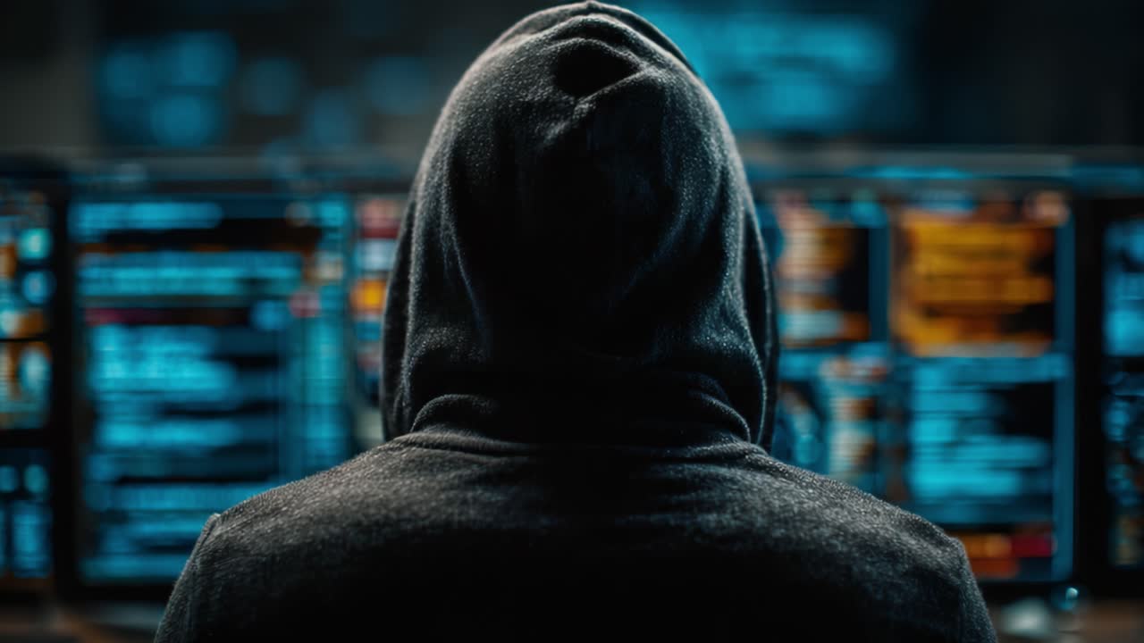 A shadowy figure in a hoodie sits before multiple screens, illuminated by the glow of digital data, evoking a sense of mystery and intrigue in a high-tech environment