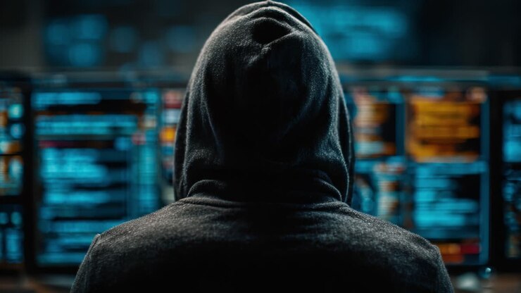 Una figura in ombra con la felpa siede davanti a schermi multipli, illuminata dal bagliore dei dati digitali, evocando un senso di mistero e intrigo in un ambiente high-tech.