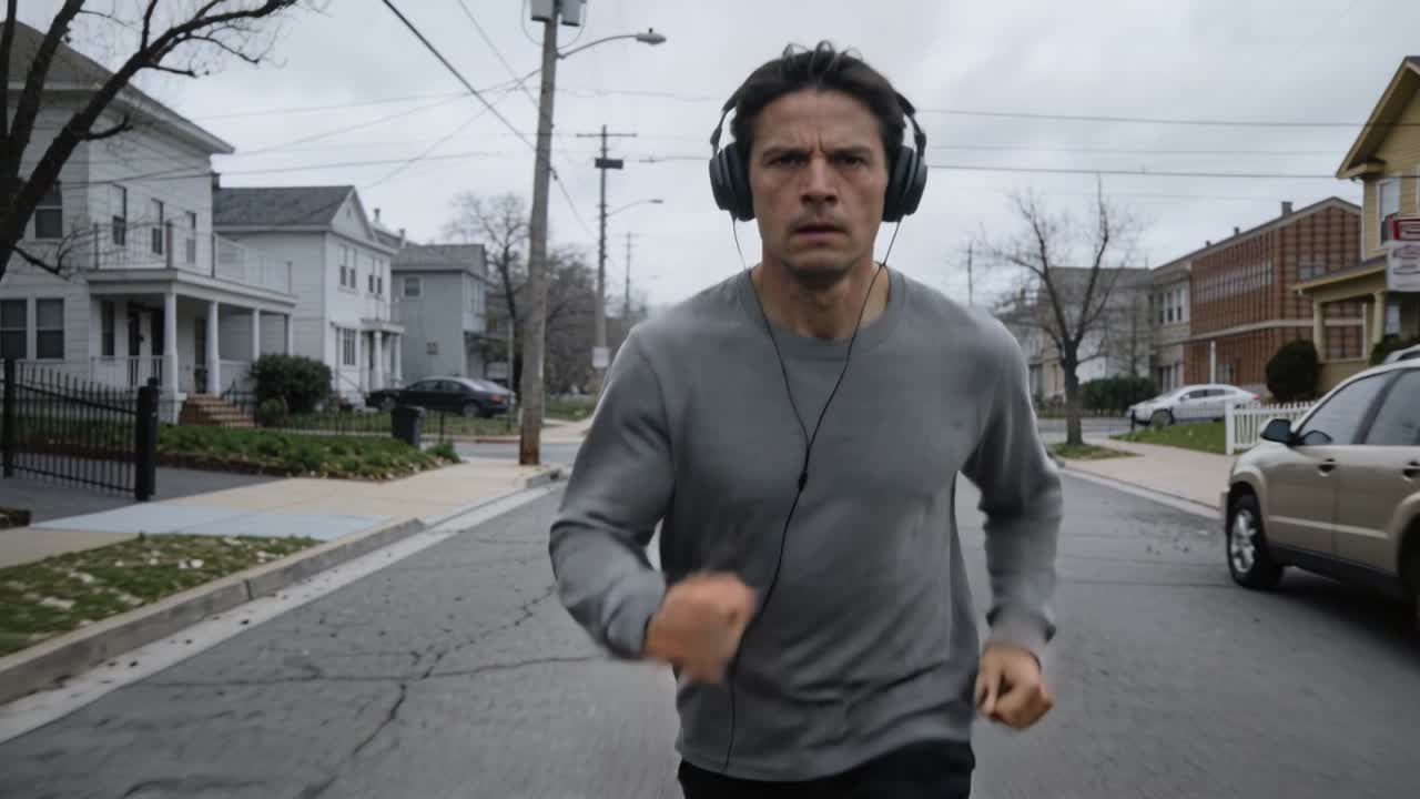 Uomo che fa jogging in maglia grigia e cuffie con filo, corre verso la telecamera su una strada di periferia per fare esercizio.