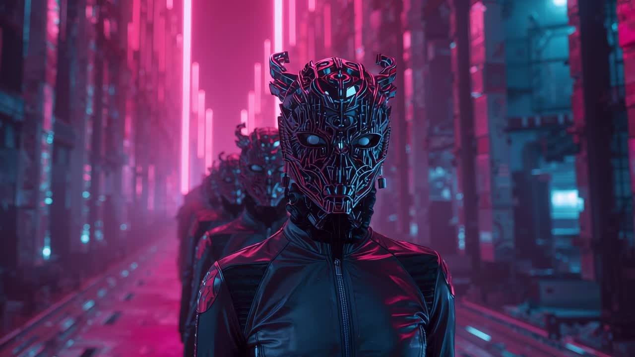 Zooming camera capturing front masked humanoid in suit in neon corridor, showing rigid formation