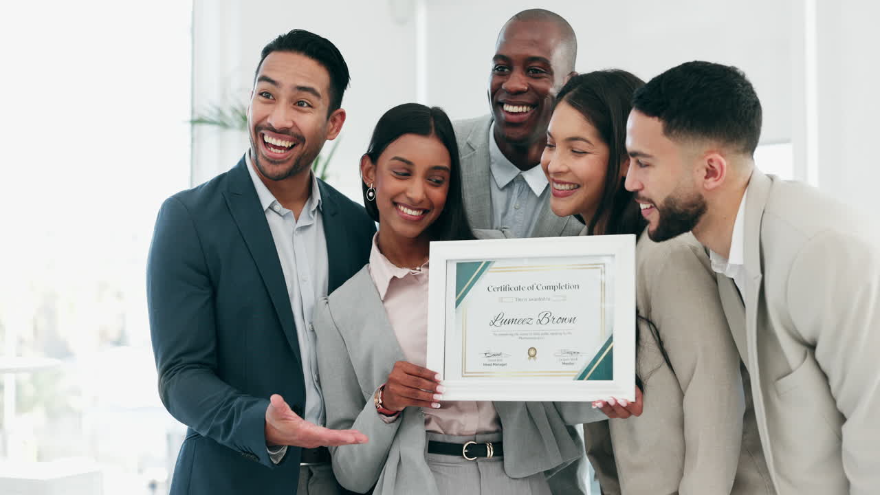 Business people, woman and certificate in office