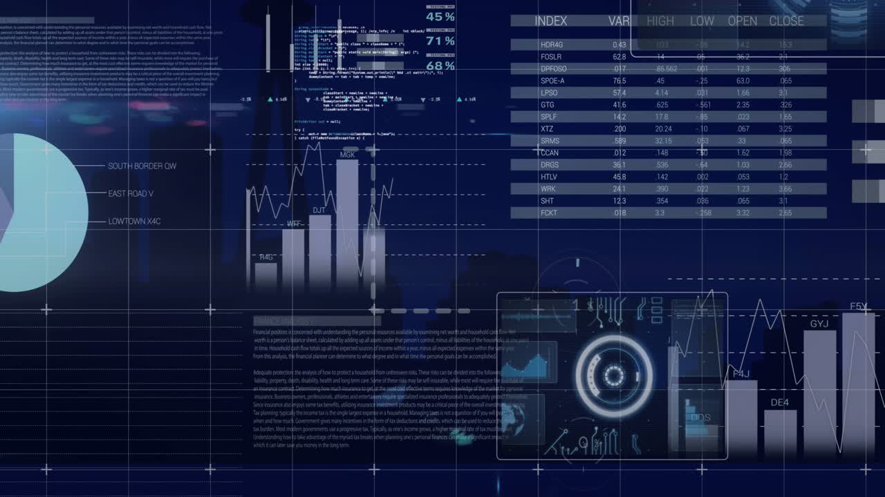 Animation of round scanners and statistical data processing against blue background