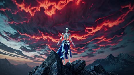 superhéroe esqueleto en el pico de la montaña al atardecer