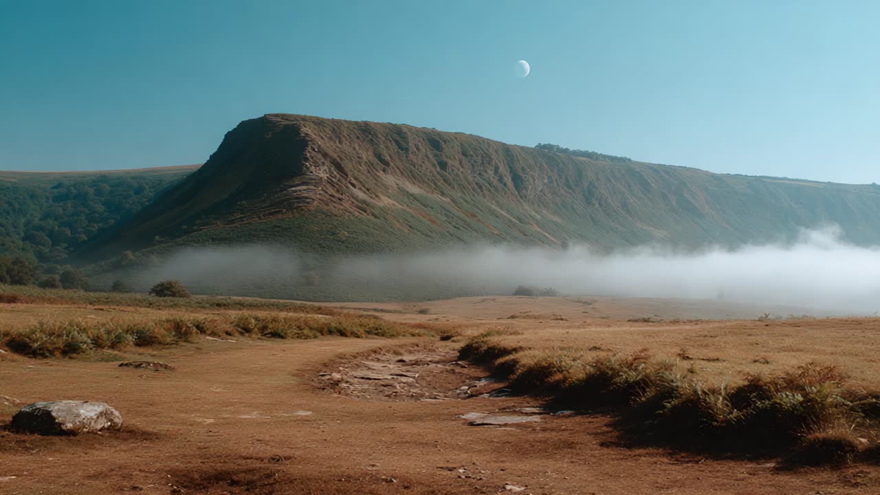 A Serene Landscape with Rolling Mist and a Mountain Under a Clear Sky: Capturing the Beauty of Nature's Tranquility