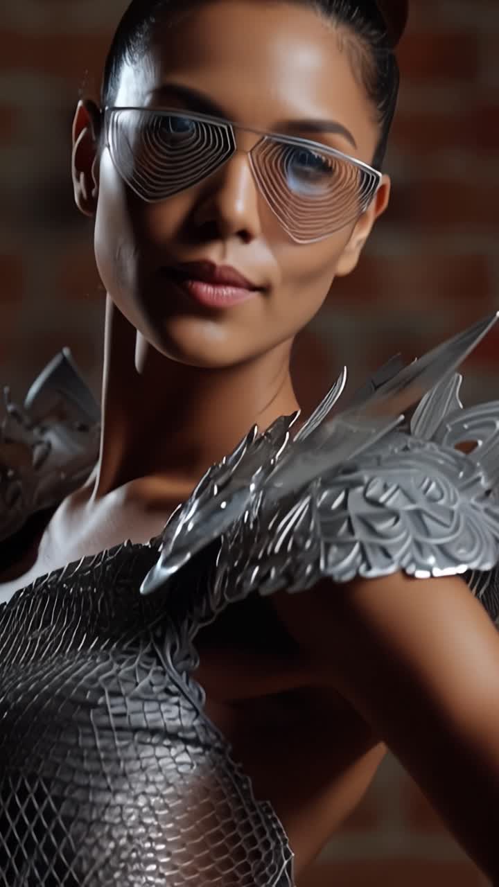 Una modella sorprendente che presenta un design di moda futuristico con intricati dettagli metallici e occhiali innovativi, in piedi contro uno sfondo di mattoni che esalta il look