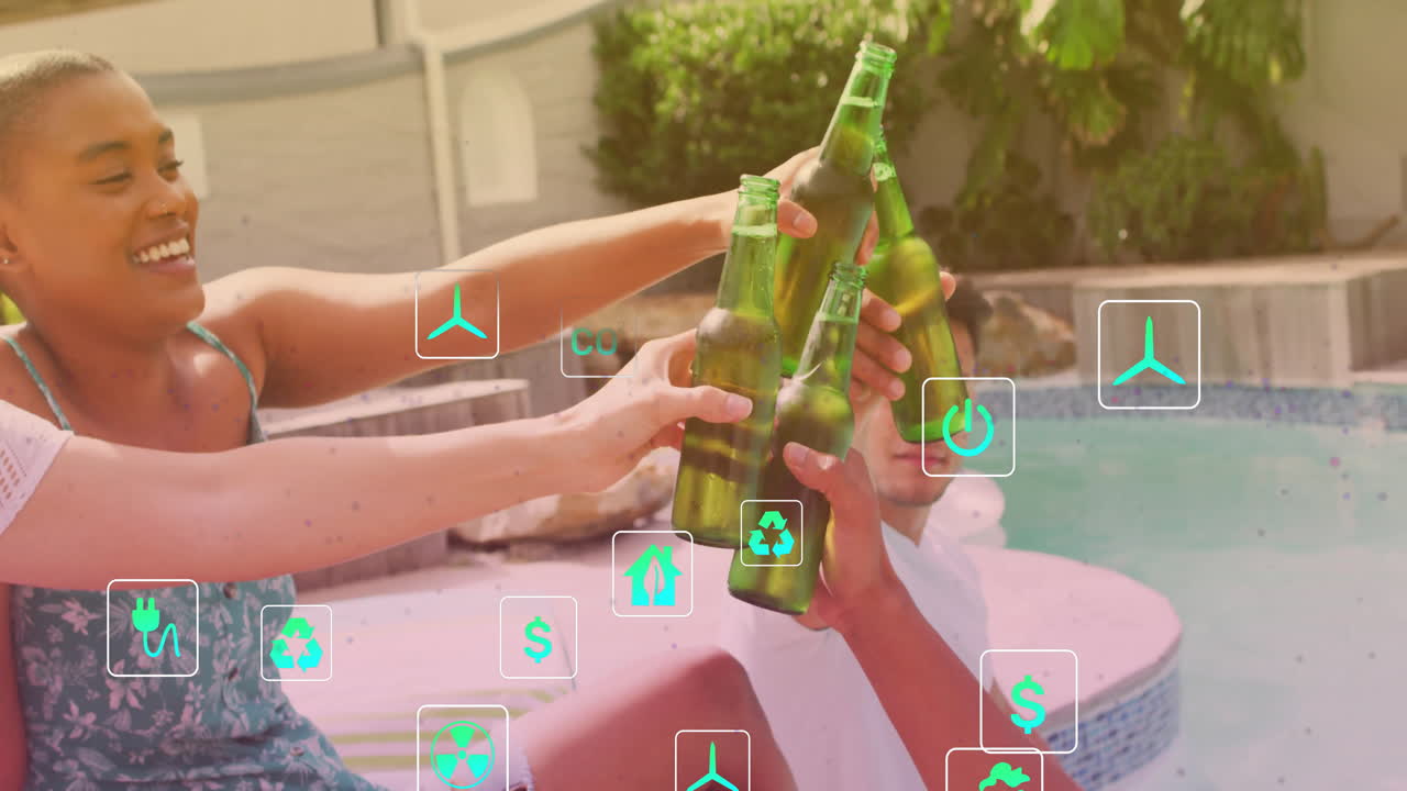 Clinking beer bottles, people by pool with animation of eco-friendly icons