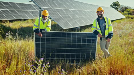 engineering, men or smile with solar panels