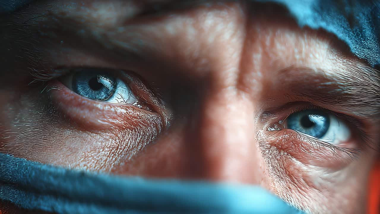 Intensa concentrazione e tranquillità: un viaggio ravvicinato attraverso gli occhi di una figura misteriosa, che cattura la transizione dalla vigilanza alla calma in una narrazione visiva accattivante