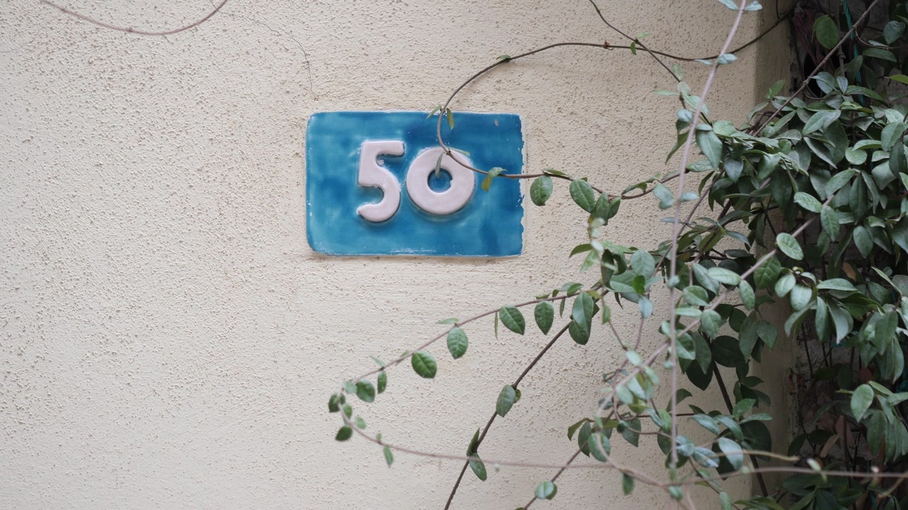 House Number 50 on Blue Ceramic Tile with Green Foliage