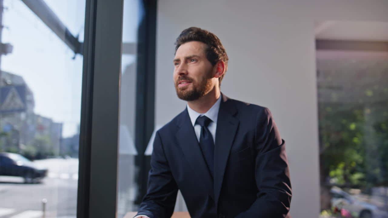 Rich ceo drinking coffee resting panoramic cafe looking window cityscape closeup