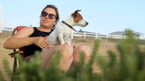 la señora acaricia cariñosamente a la pequeña mascota jack russell en su regazo, lindo perro blanco y marrón